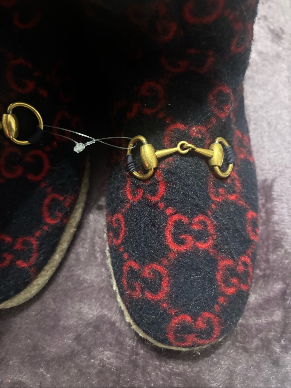 Gucci Navy & Red Wool Slip-On Boots with Cream Shearling Trim - Picture 11 of 14